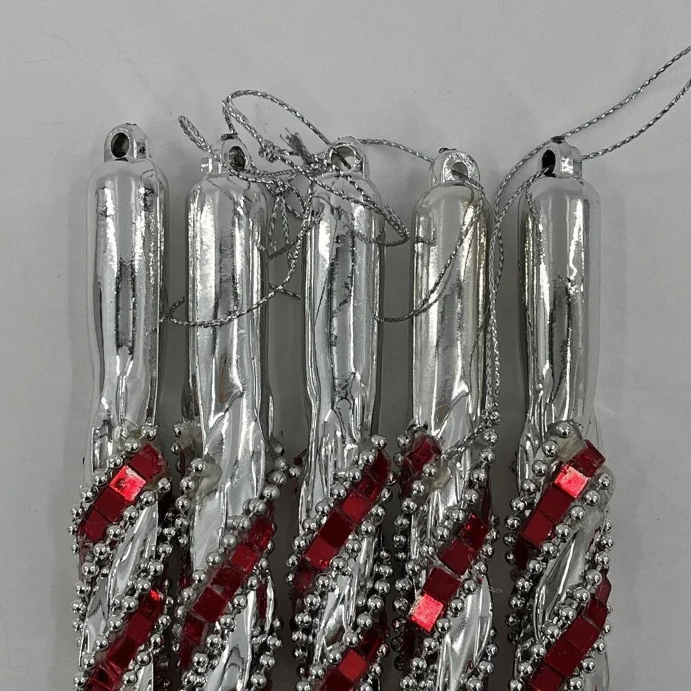 Vintage Christmas Swirl Icicle‎ Red Silver and Beaded Ornaments